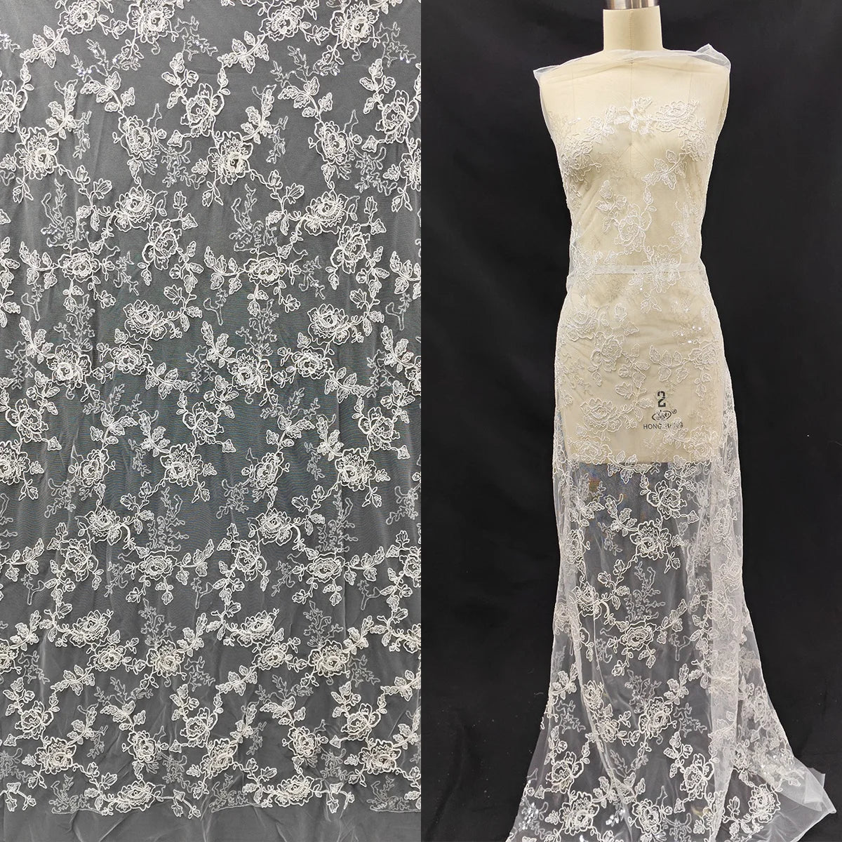 Tela de encaje con bordado de flores blancas crudas, hojas y malla floral bordada, hecha a mano, para decoración de bolsos de boda.