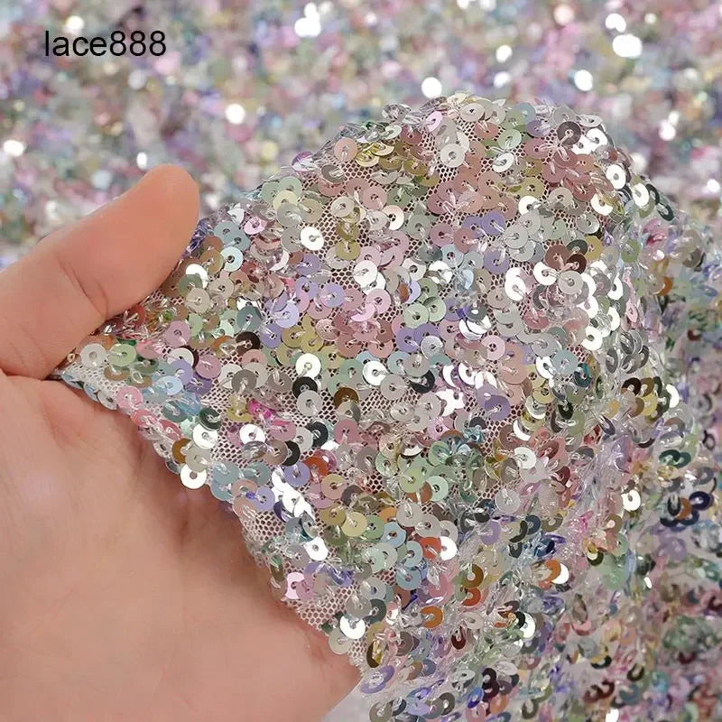 Shiny Encryption 5mm Sequin Elastic Mesh Bead Fabric Sewn Wedding Dress Evening Gown Stage Costume Fabric White Purple Black