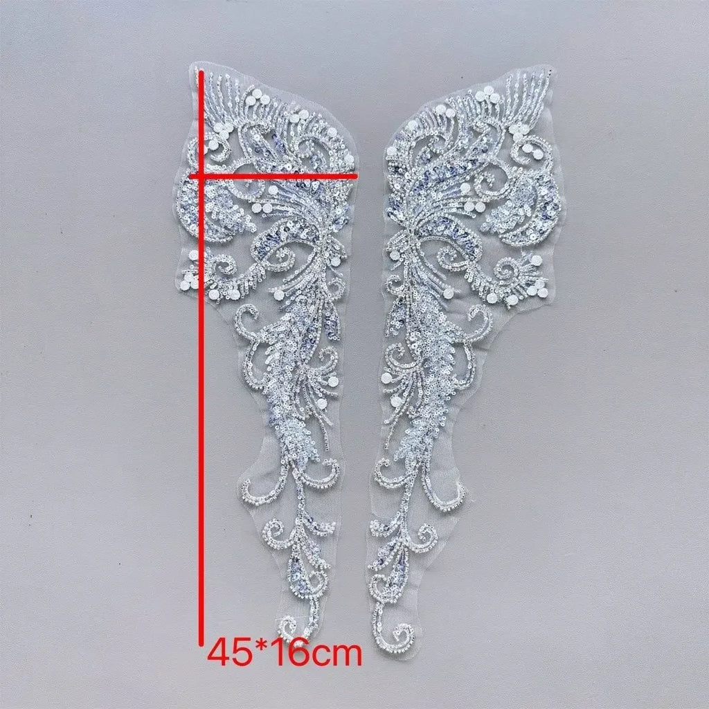 White Lace Applique Beaded Fabric - Wedding Dress Evening Gown Handcraft Accessories