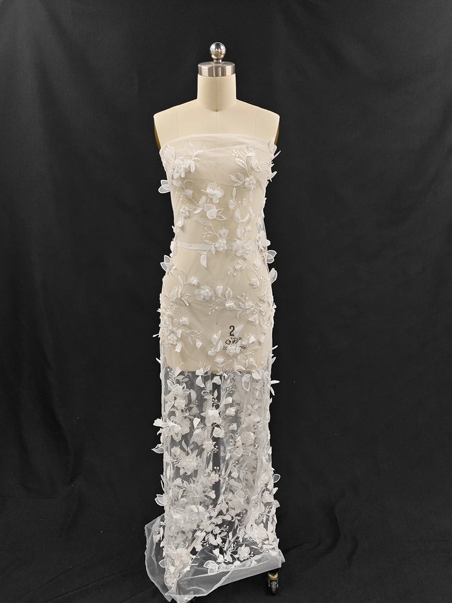 Tela de malla suave para vestido de boda, con bordado tridimensional de flores y cuentas de uñas en blanco crudo