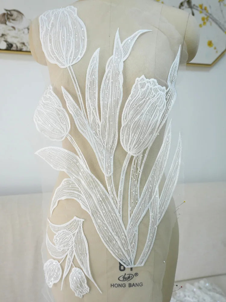 Parche de tela con flores de encaje de alta calidad con cuentas bordadas y purpurina de tulipán Lanfei, ideal para regalo de boda, material para ropa, accesorios de bricolaje