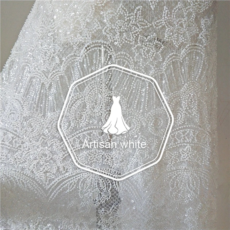 فستان دانتيل أبيض فاخر عالي الجودة مصنوع يدويًا من شال مطرز بالترتر، فستان زفاف، فستان سهرة من القماش