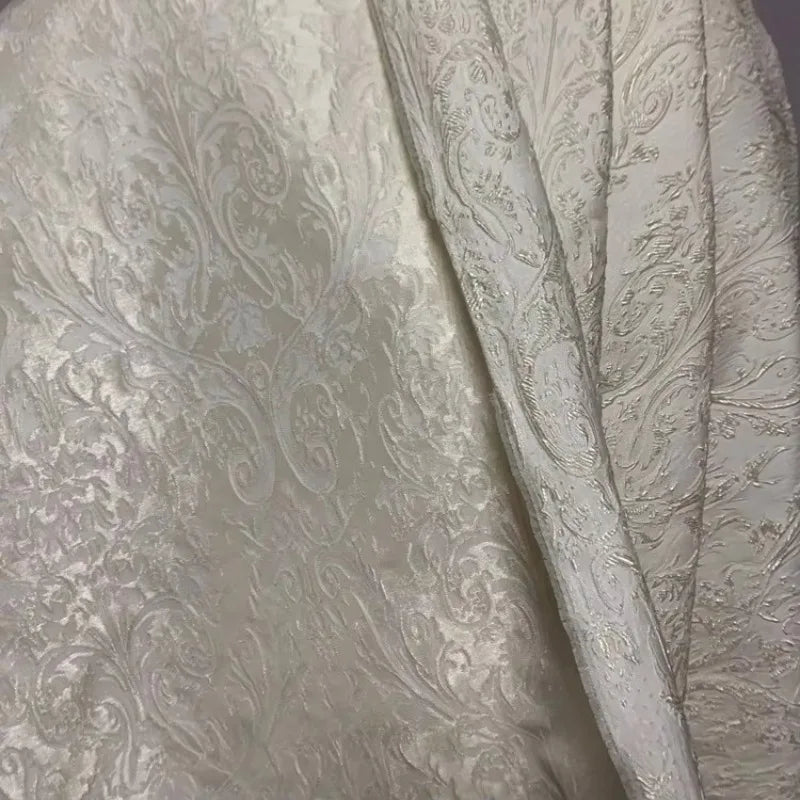Off-White Jacquard Fabric With Vintage Floral Palace Pattern And Glitter Thread For Fashion Outerwear Coat And High-End Design