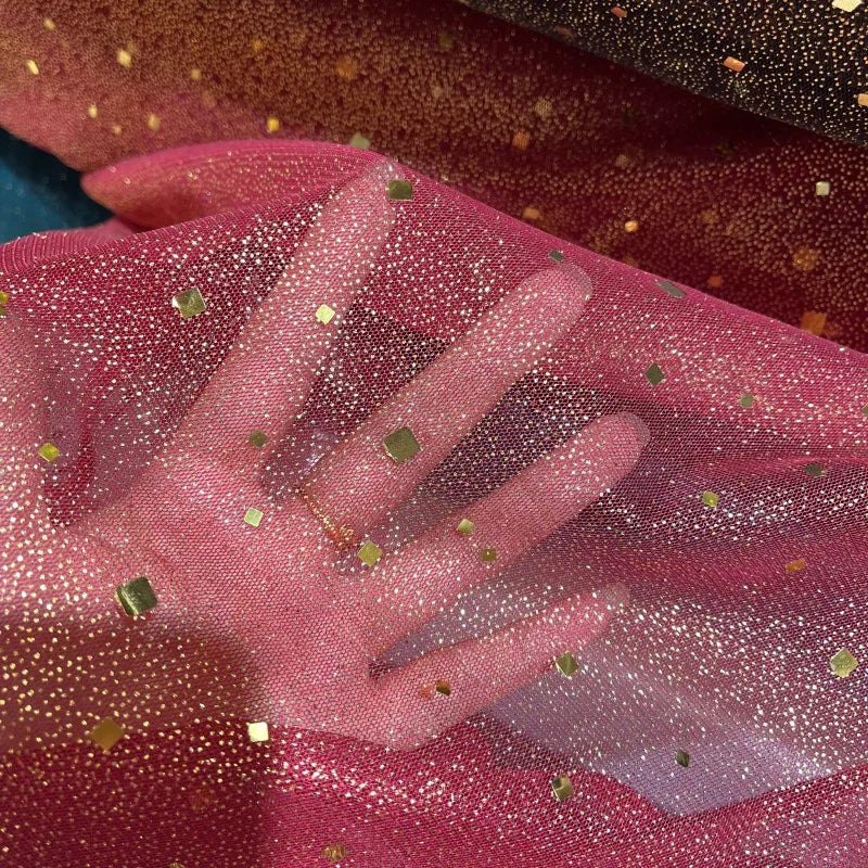 New Product Red Wine Size Angular Shape Gold Glitter Hot Stamping Mesh Fabric Performance Clothes Wedding Dresses Formal Dresses