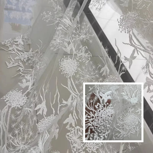 Bird Embroidered Lace Fabric for Wedding Dresses - fabric photo 1