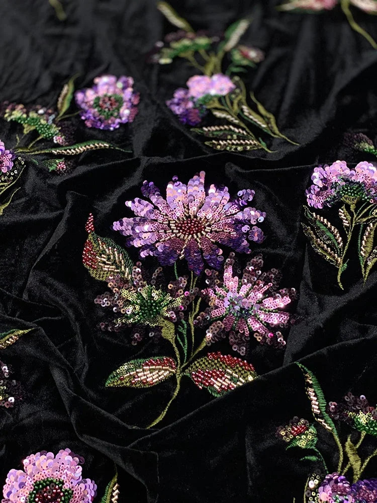 Tela de terciopelo floral con lentejuelas y cuentas de lujo - Bordado negro - Material de diseño - 130 cm