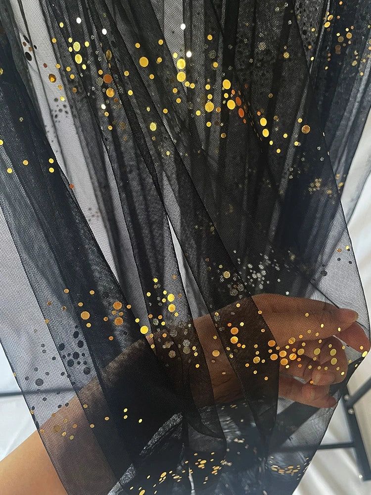 قماش شبكي أسود ذهبي بطول 5 ياردات مع خيوط ترتر لتصميم زي مسرحي وخلفية حفلات أعياد الميلاد بعرض 1.6 متر