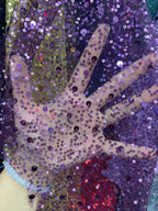 Tela de malla con bordado de perlas y lentejuelas dispersas, adorno de perlas, hecha a mano, para vestido de novia, velo y falda.