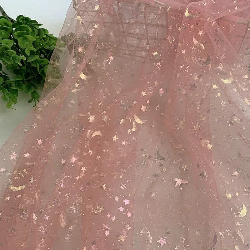 Dreamy Mesh Fabric For Children In Princess Style With Colored Star And Moon Printed Pattern Suitable For Wedding Dress Designer