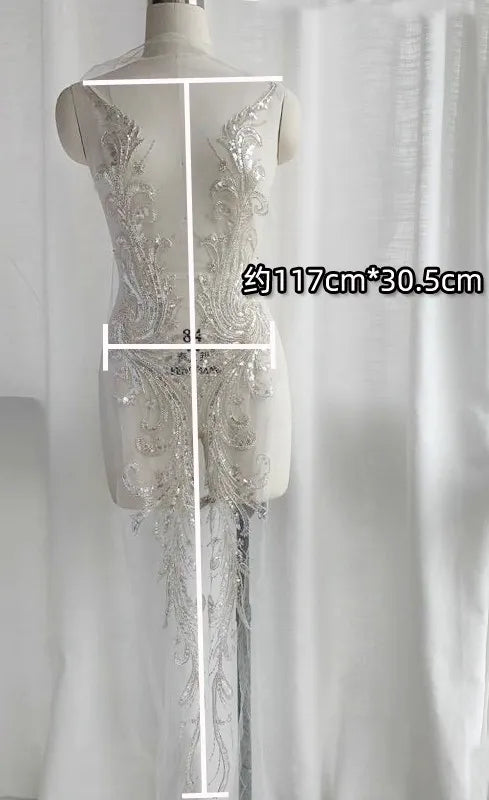 Accesorios de encaje con lentejuelas bordadas de cuentas negras y plateadas de lujo de alta calidad para costura y decoración de vestidos de novia.