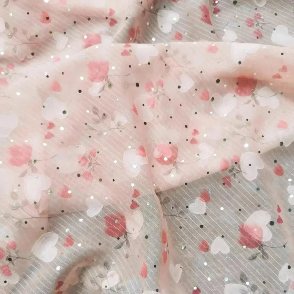 Pink Gold Embroidered Chiffon Fabric Small Floral Lace Hanfu Style Material for Half Length Dress Costume Blouse DIY Sewing