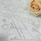 Tela bordada con cuentas de diseñador popular, rosa cristal, tela bordada para vestido de noche, color blanco puro, para uso industrial.