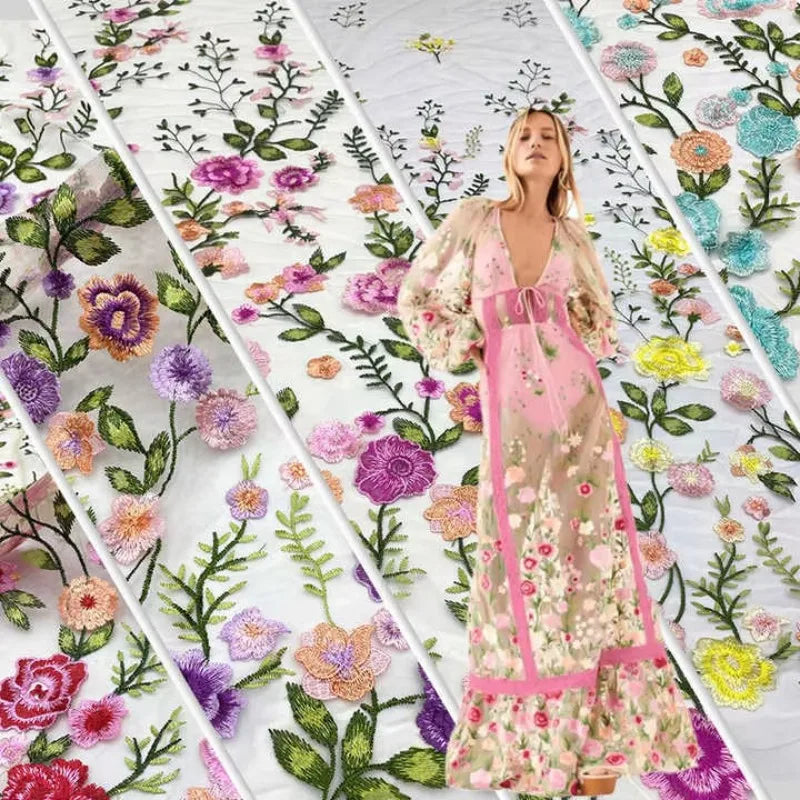 Tela bordada de malla rosa, tela bordada de peonía multicolor, tela bordada para coser vestidos de noche, tela bordada DIY, personalización