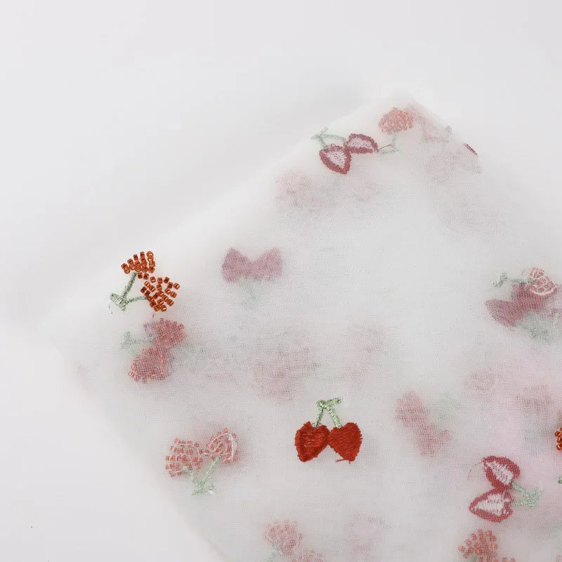 Tulle cherry-patterned beaded tube embroidered mesh fabric sewing children's clothing hair accessories and curtain fabric