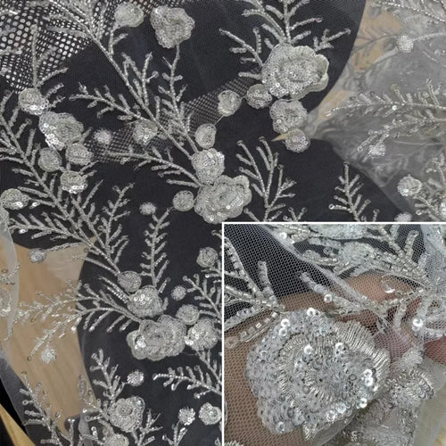 3D Floral Embroidered Beaded Lace Fabric for Bridal and Evening Gowns