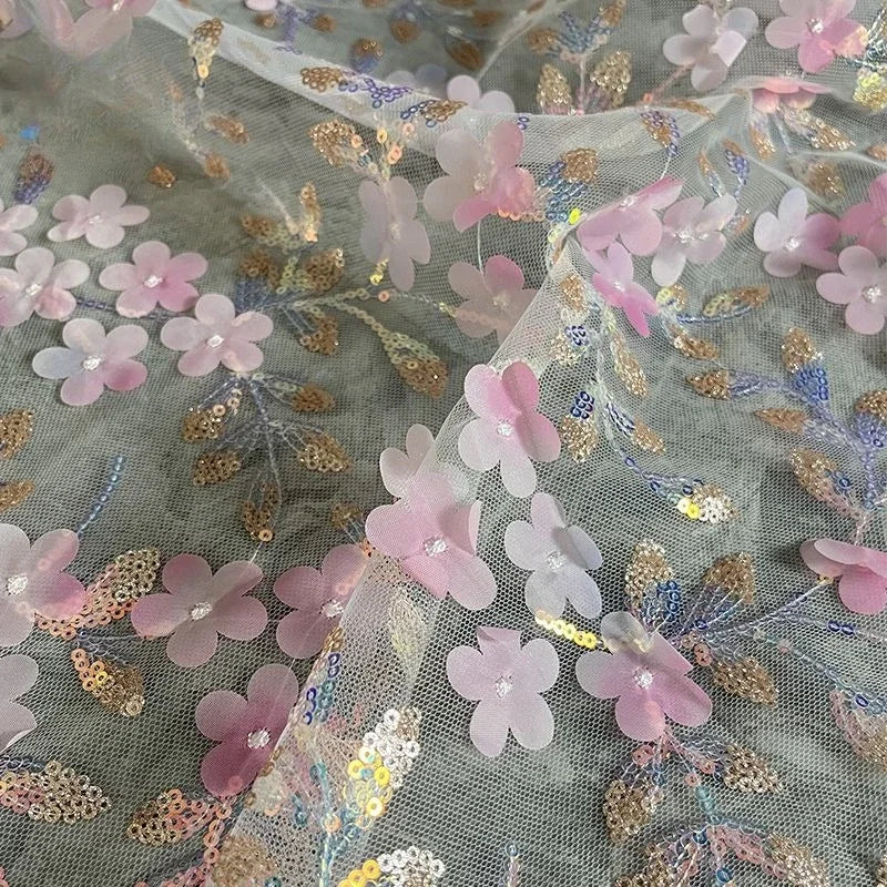 Pink 3D Flower Embroidered Net Fabric With Sequins For Wedding Dress Cheongsam Gown Handmade Clothing Lace Embroidery Material