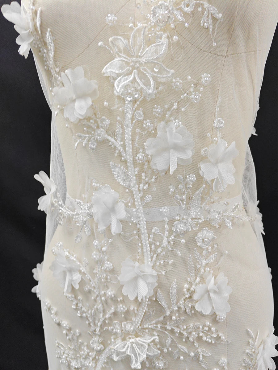 Tela con bordado de encaje, para vestido de novia, velo, cortina de puerta, mantel, con cuentas de perlas y flores de hoja nueva