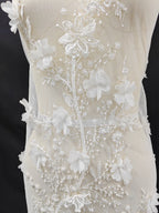 Tela con bordado de encaje, para vestido de novia, velo, cortina de puerta, mantel, con cuentas de perlas y flores de hoja nueva