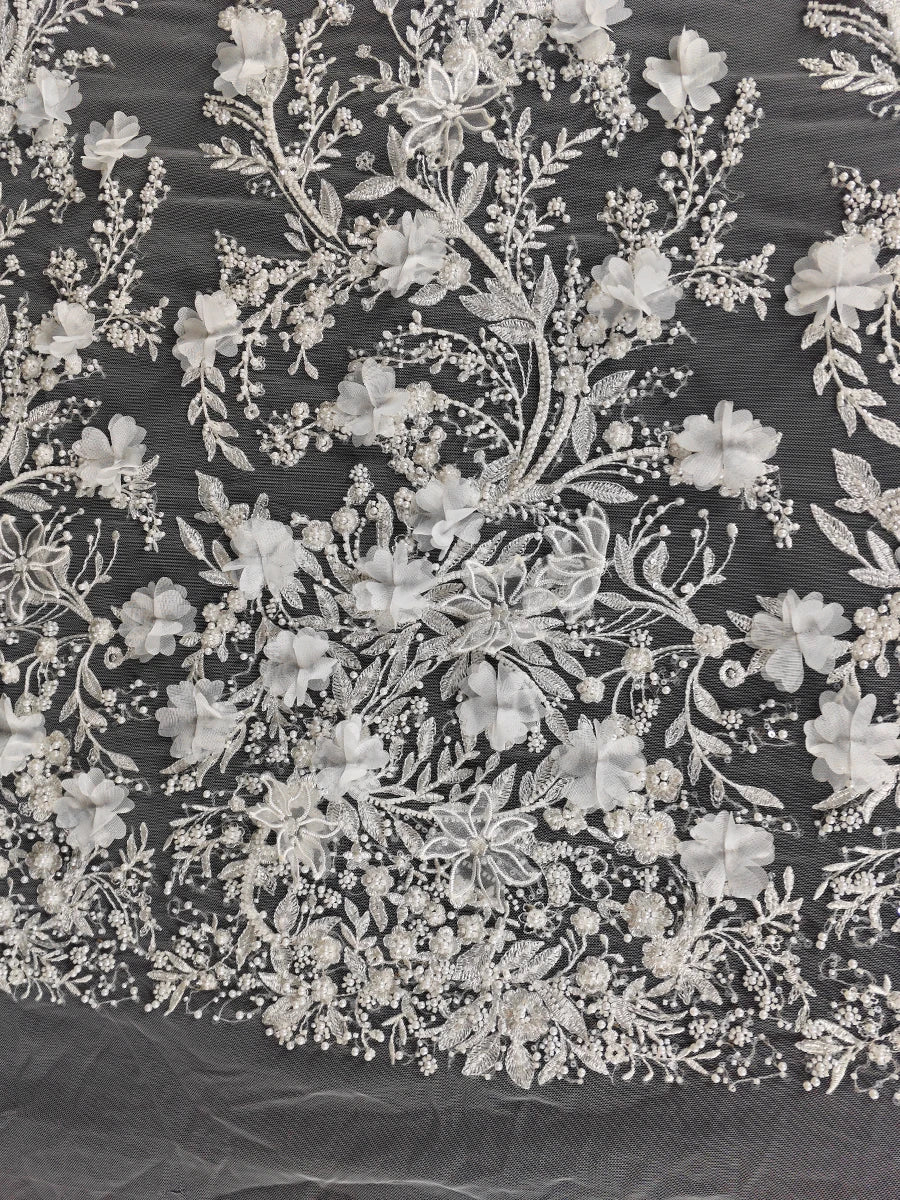 Tela con bordado de encaje, para vestido de novia, velo, cortina de puerta, mantel, con cuentas de perlas y flores de hoja nueva