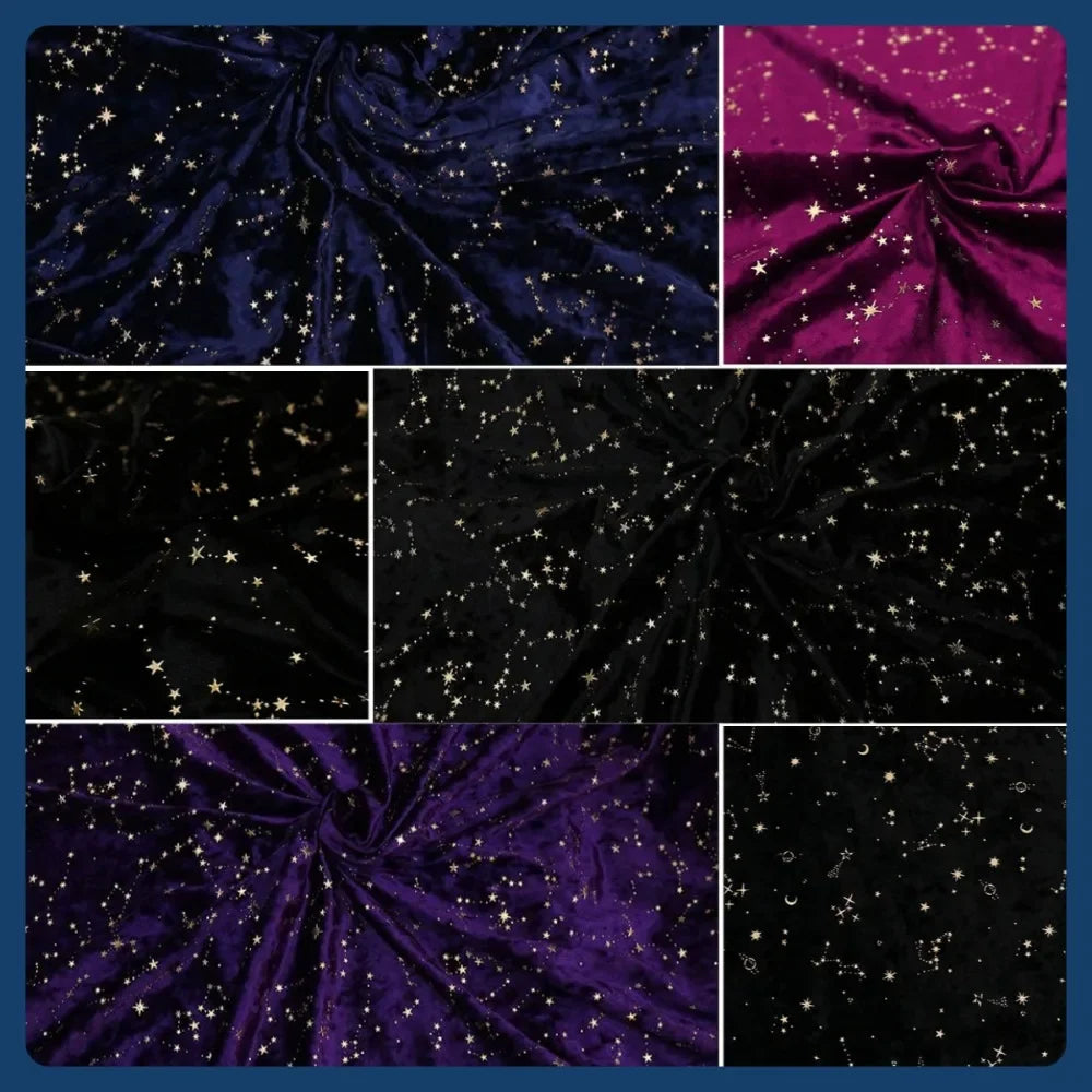 Gold Foil Studded Constellation Velvet Fabric - Diamond Shine Meteor Pattern 145cm