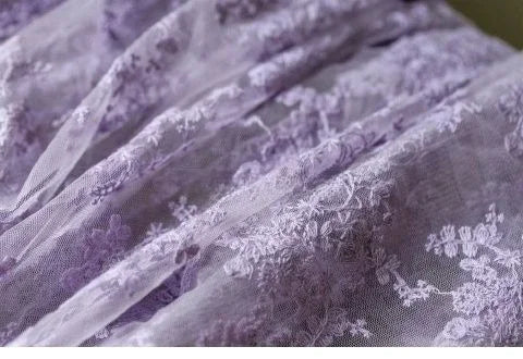Tela bordada de encaje morado de malla de algodón puro para vestido de boda, cortina, ropa de muñeca, fondo, material de costura artesanal.