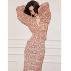 قماش شيفون مزدوج من الكريب الوردي الحلو والأخضر والزهور الصغيرة، مادة ناعمة لفصل الربيع والصيف للفساتين والقمصان وملابس الأطفال