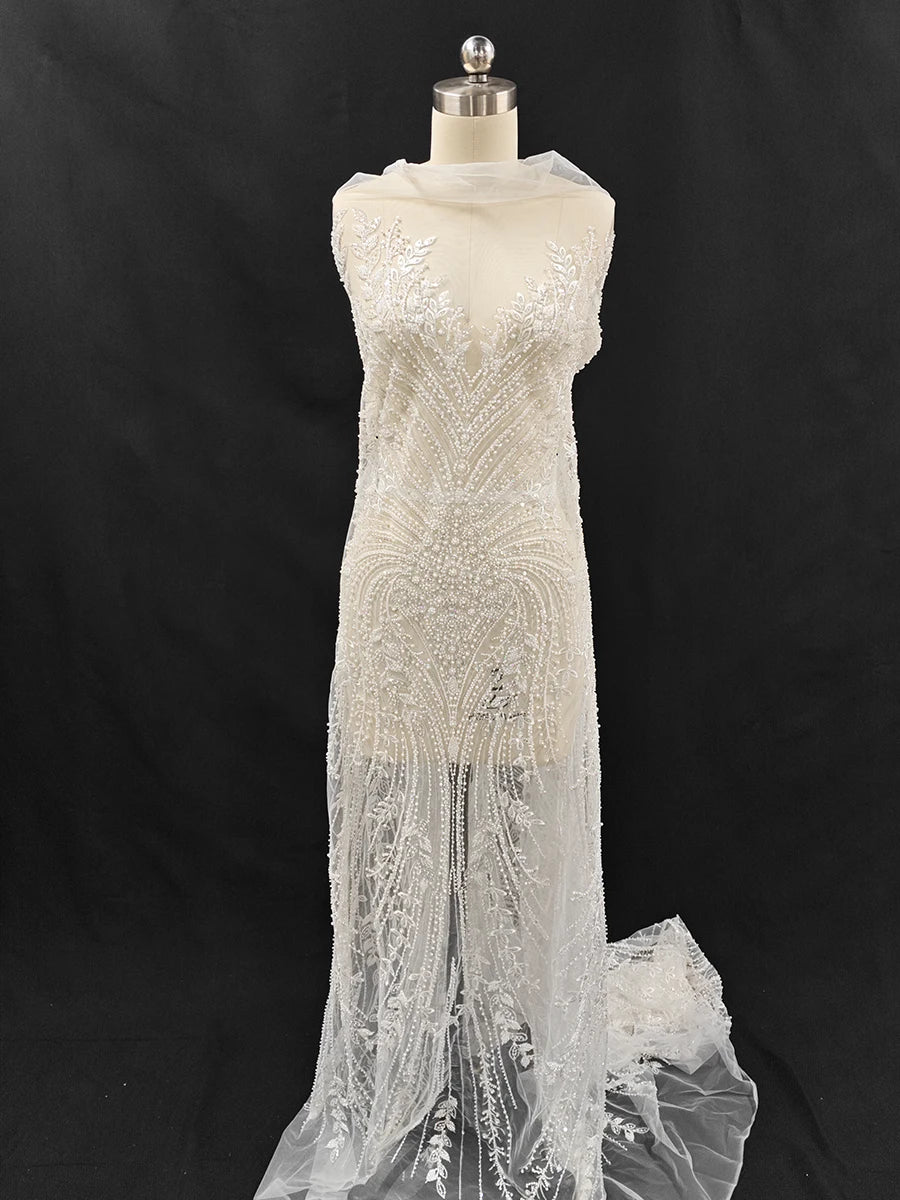 قماش دانتيل مطرز بالخرز والترتر الشبكي الفاخر، فساتين زفاف، فساتين سهرة، إكسسوارات مصممة