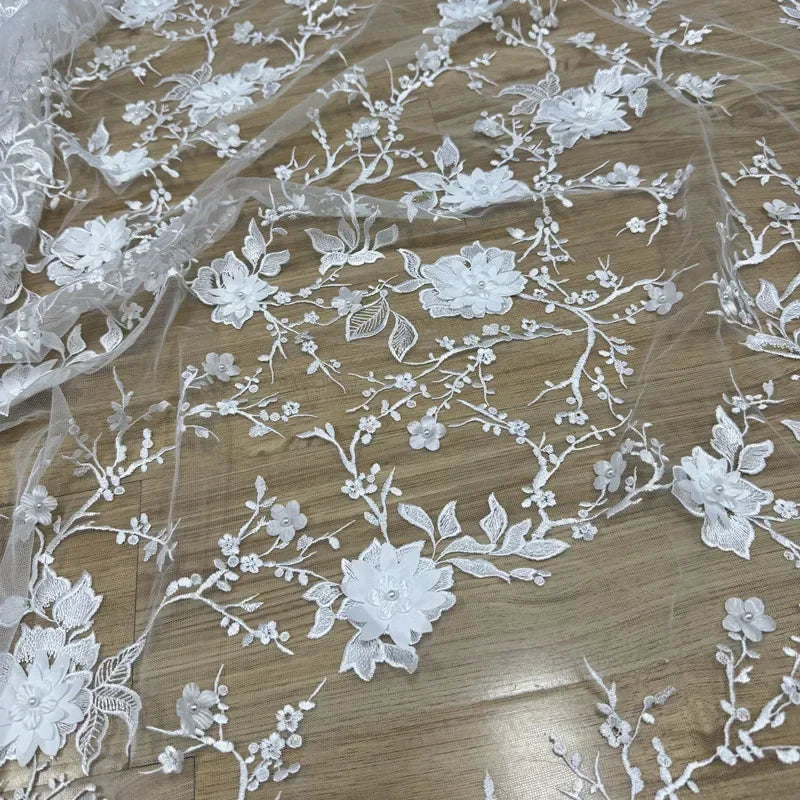 New Three-dimensional White Flower Bead Transparent Mesh Embroidery Lace Fabric Sewing Wedding Dress And Evening Dressdecoration