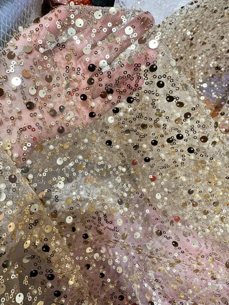 Gold Purple Red Embroidery Sequins Nail Bead Fabric Sewing Playing Dress Children's Clothing Transparent Mesh Fabric