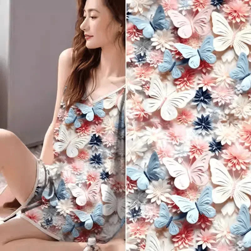 قماش حرير قطني ناعم - طباعة رقمية على شكل فراشة زهرية - 140 سم