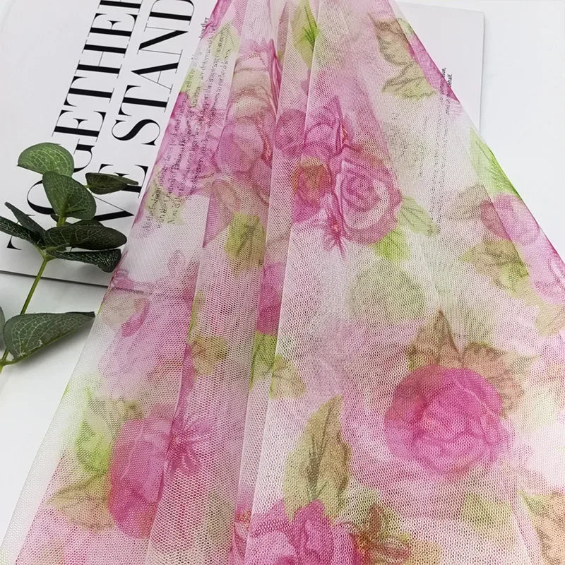 Peony Flower Pattern Hexagonal Mesh Digital Prints Mesh Fabric In Red And Green For Cape Skirts Children's Clothing And Home Use