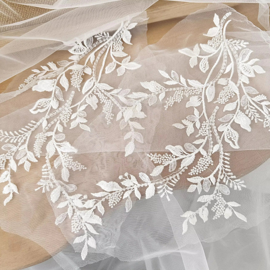 زوج من خيوط قطنية عالية الجودة مخصصة مطرزة بالترتر وشبكة زهور ودانتيل مطرز وإكسسوارات خياطة الحجاب الزهري