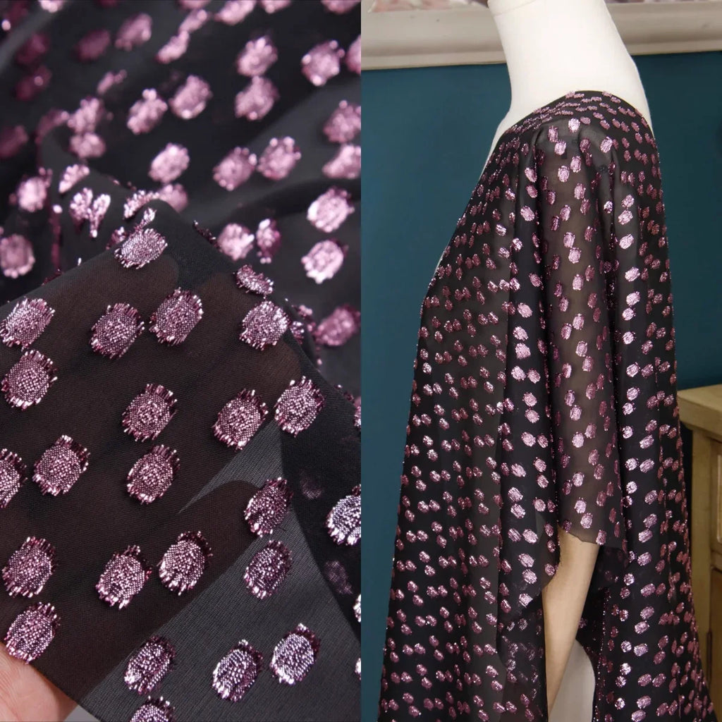 قماش شيفون أسود شبه شفاف مطرز بموجات أرجوانية حمراء، خياطة قميص فستان مصمم قماش DIY