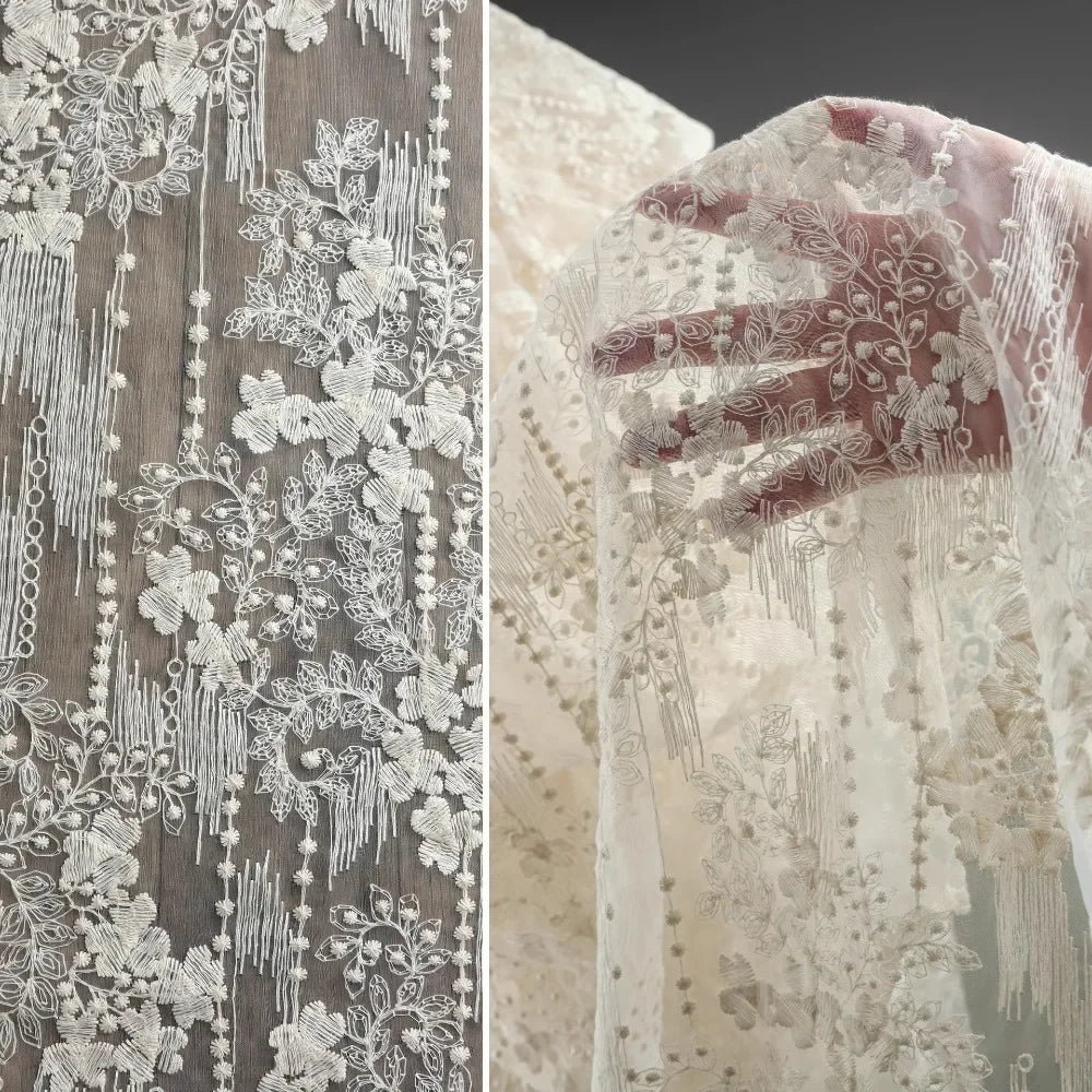 Beige Morning Glory Lace Embroidered Tulle Fabric Gradient Sheer For Wedding Dresses Bride Dress French Couture Textile