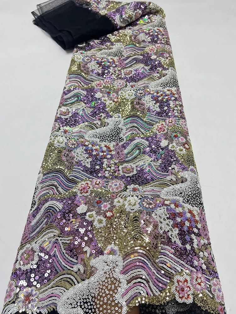 mesh fabric, retro color bead, landscape painting, flower pattern, sequin embroidery fabric, formal dress, qipao dress