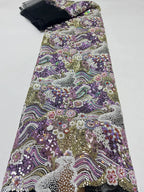 mesh fabric, retro color bead, landscape painting, flower pattern, sequin embroidery fabric, formal dress, qipao dress