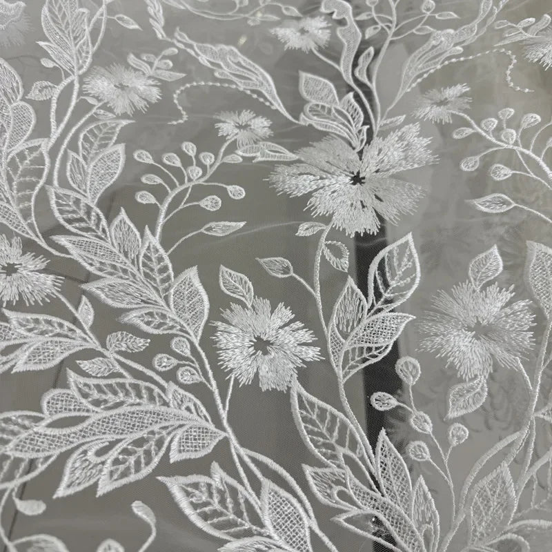 Elegant Petal Leaf Lace Embroidery Sheer Mesh Fabric Lightweight Transparent Textile Bridal Gown Party Dress Decorative DIY Sew