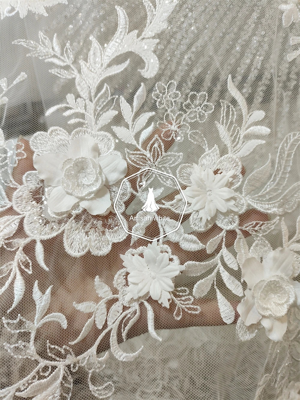 Tela de encaje con lentejuelas y flores tridimensionales 3D, hecha a mano, para vestido de novia, falda, accesorios de bricolaje hechos a mano