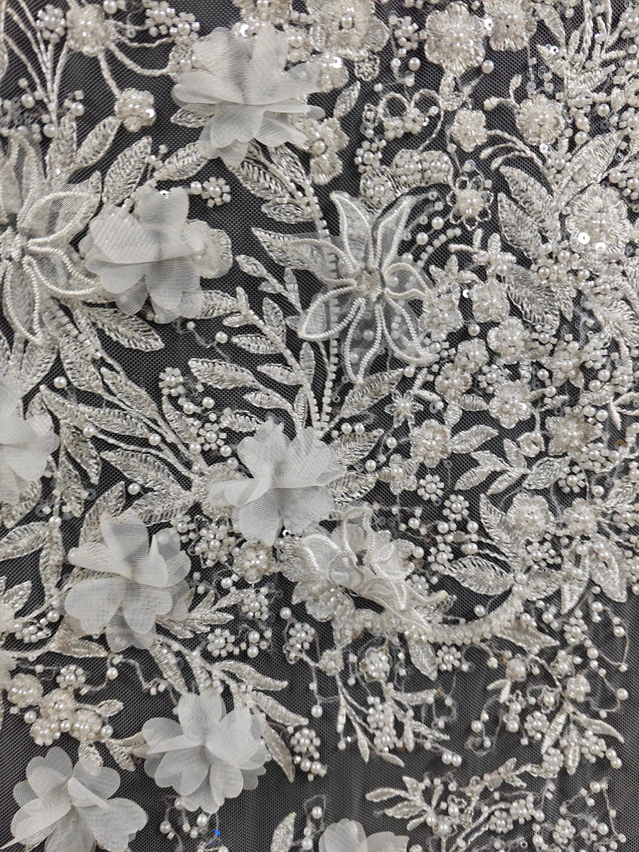 Tela con bordado de encaje, para vestido de novia, velo, cortina de puerta, mantel, con cuentas de perlas y flores de hoja nueva