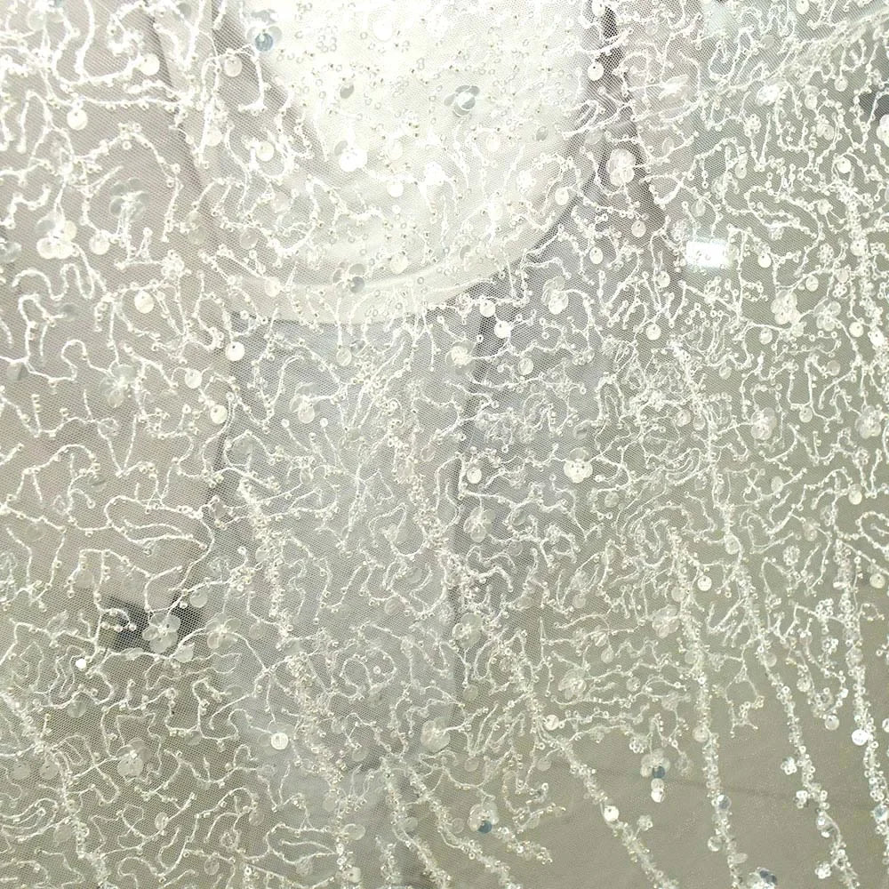 Silver Sequin Beaded Tulle Fabric Sparkle Embroidery Mesh For Evening Dress Bridal Veil Party Decor Luxury Textile Material