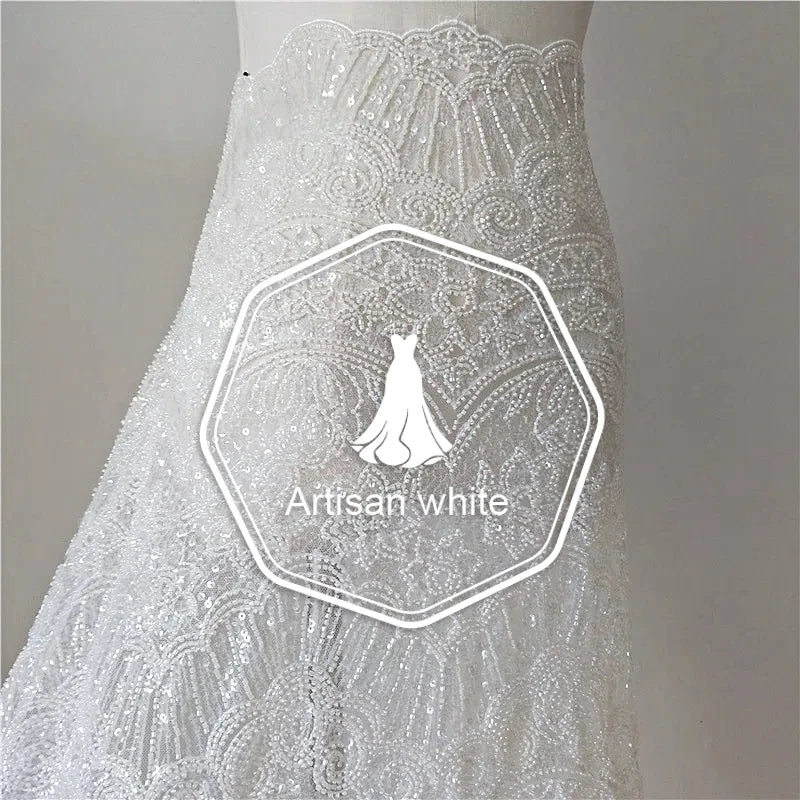 فستان دانتيل أبيض فاخر عالي الجودة مصنوع يدويًا من شال مطرز بالترتر، فستان زفاف، فستان سهرة من القماش