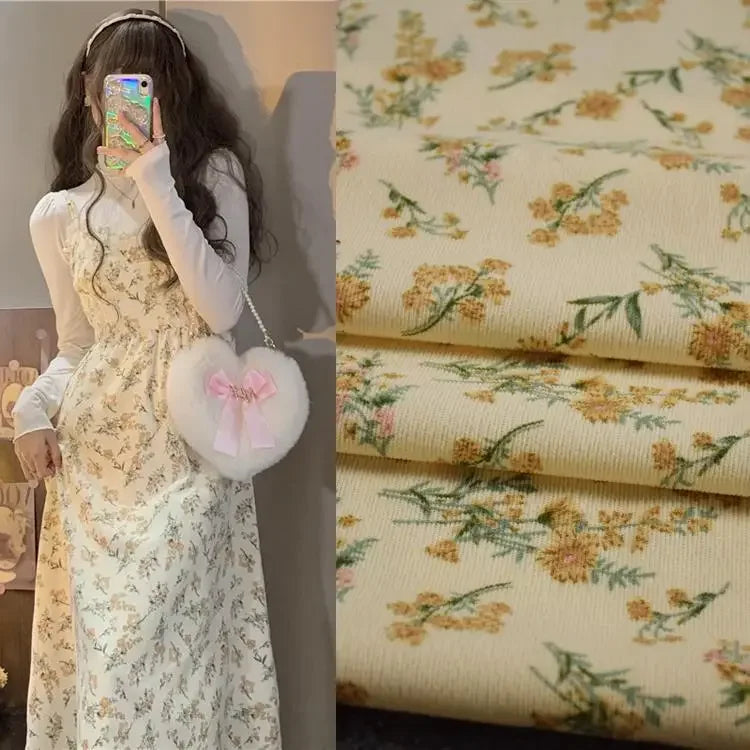 Colorful Corduroy Printed Fabric - Fresh Floral Striped Velvet 145cm