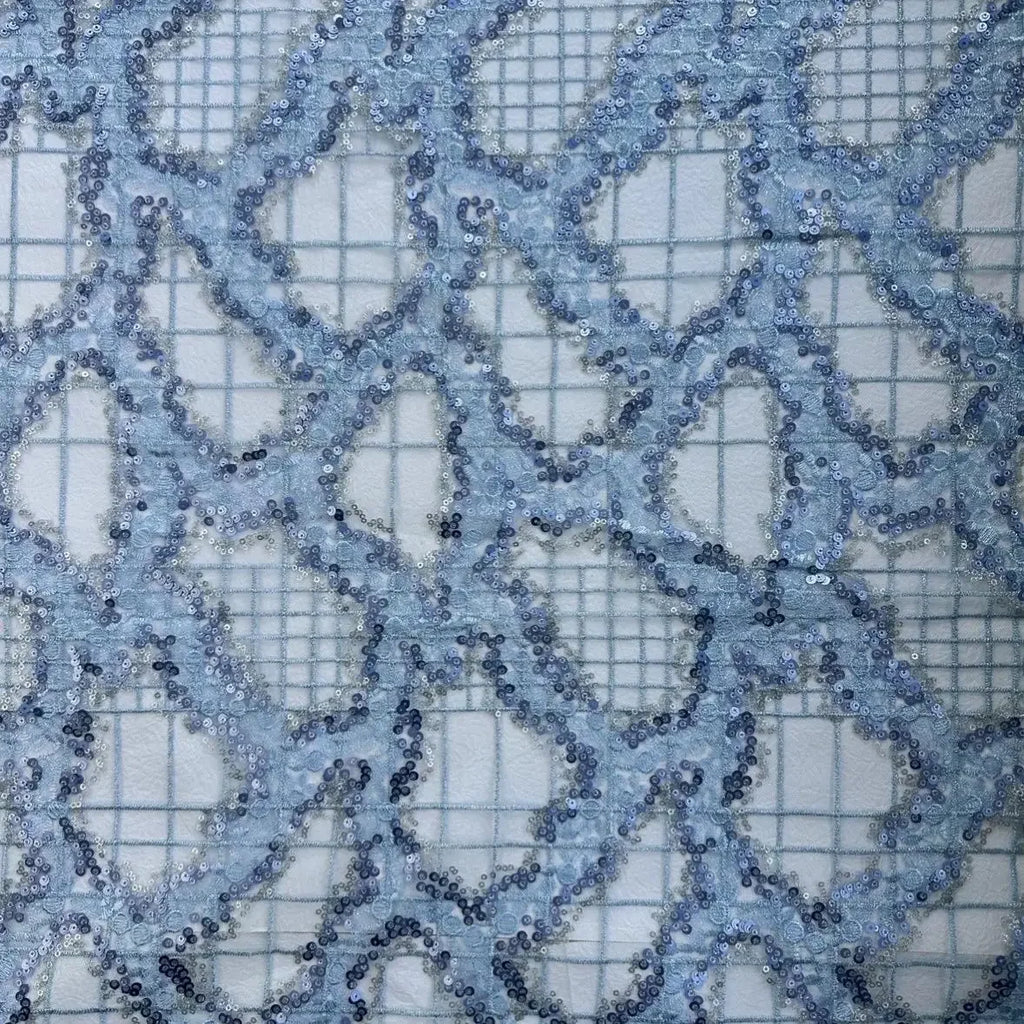 Blue Sequin Abstract Embroidered Net Lace Fabric Three Dimensional Sheer Material for Dress Set DIY Handmade Garment Craft