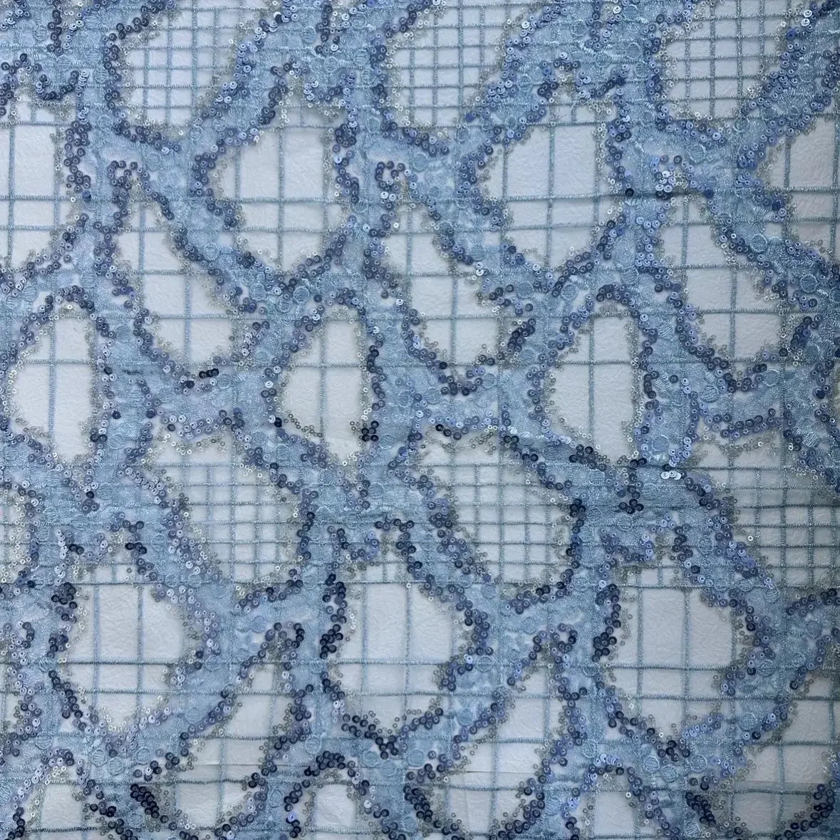 Blue Sequin Abstract Embroidered Net Lace Fabric Three Dimensional Sheer Material for Dress Set DIY Handmade Garment Craft