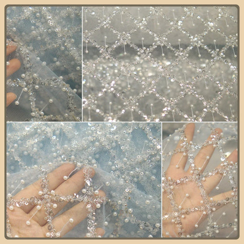 Blue Pearl Sequin Mesh Fabric - Grid Embroidery Glitter Tulle Material - fabric photo 2