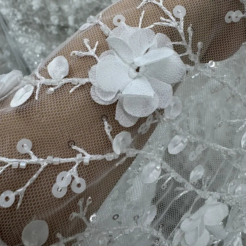 New Lace Fabric 3D Velvet Flowers Embroidered Branches Beaded Sequins Pearls Embroidery Wedding Dress Evening Gown Formal Clothe