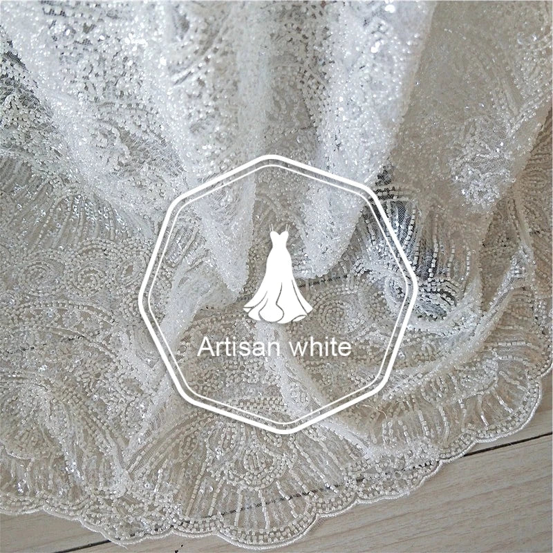 فستان دانتيل أبيض فاخر عالي الجودة مصنوع يدويًا من شال مطرز بالترتر، فستان زفاف، فستان سهرة من القماش