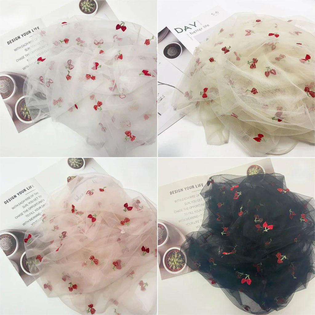 Tulle cherry-patterned beaded tube embroidered mesh fabric sewing children's clothing hair accessories and curtain fabric