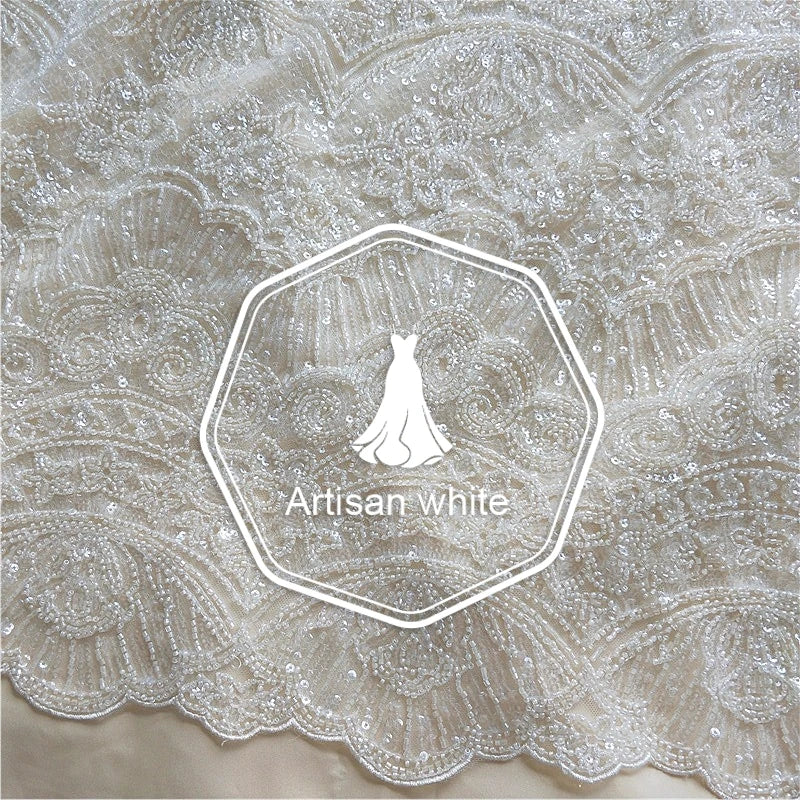 فستان دانتيل أبيض فاخر عالي الجودة مصنوع يدويًا من شال مطرز بالترتر، فستان زفاف، فستان سهرة من القماش