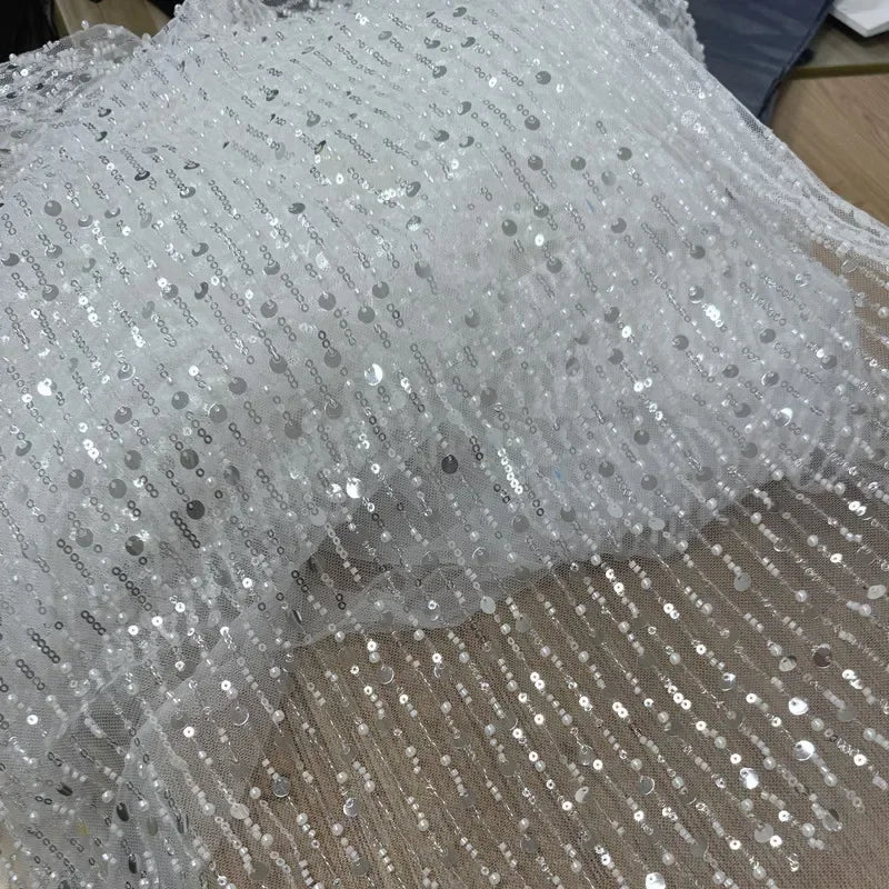 Simple Sequins Pearls Vertical Stripes Lace Embroidery Transparent Mesh Fabric Sewing Wedding Dress Evening Gown Fabric
